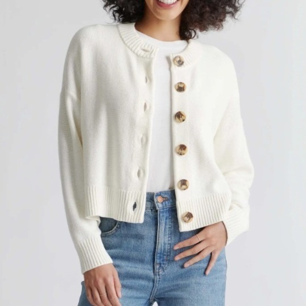 NWT Quince 100% Organic Cotton Cropped Cardigan in Ivory, Size M